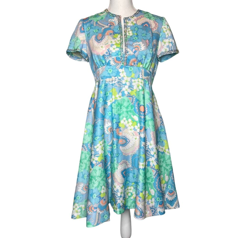 Vintage 60s 70s Nardiello for Rona NY Floral Dress DeepV Rhinestones Size Small